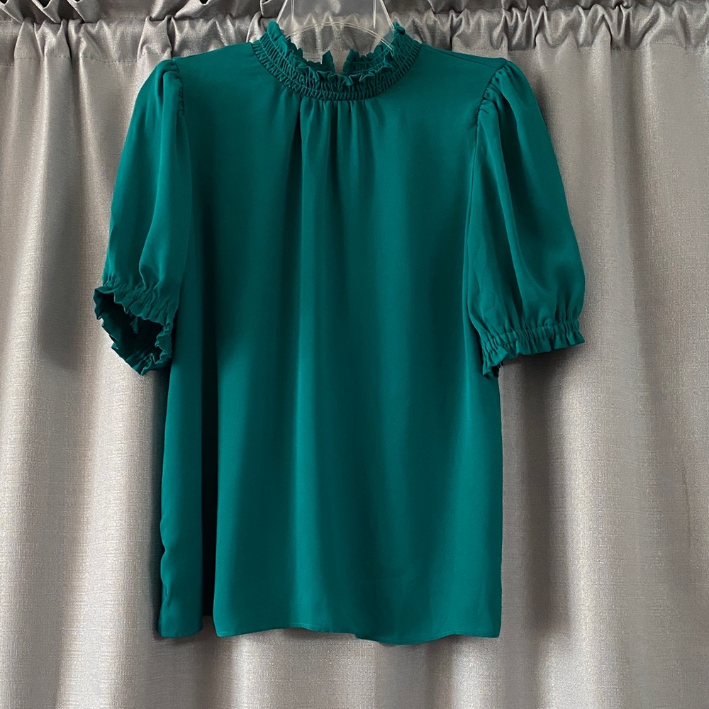LOFT Teal Green Smocked Ruffle Neck Puff Sleeve Top